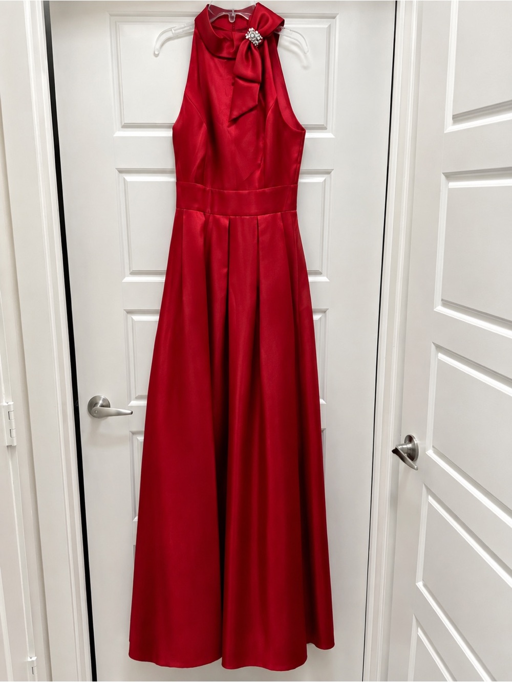 Eliza J Red Satin High-Neck Maxi Dress with Bow Accent